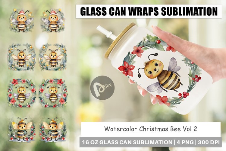 Glass Can Wraps Watercolor Christmas Bee