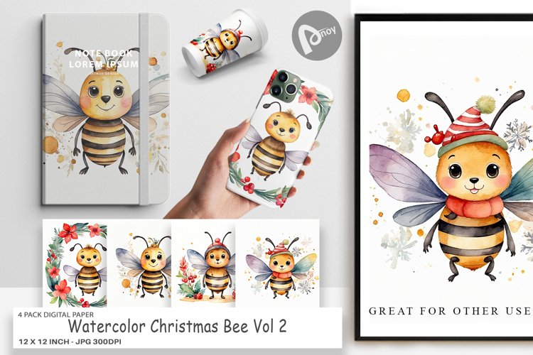 Digital Paper Watercolor Christmas Bee