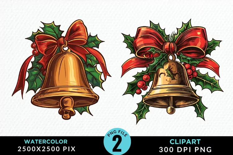 Watercolor Christmas Bells Fun Clipart