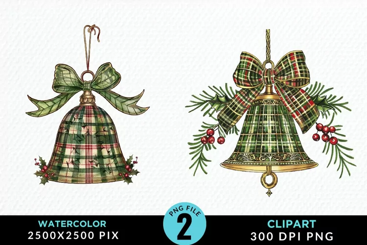 Watercolor Christmas Bells Fun Clipart