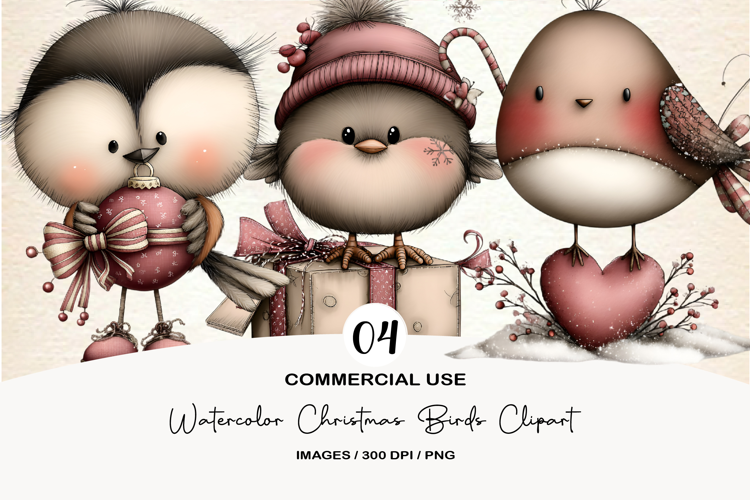 Watercolor Christmas Birds Clipart