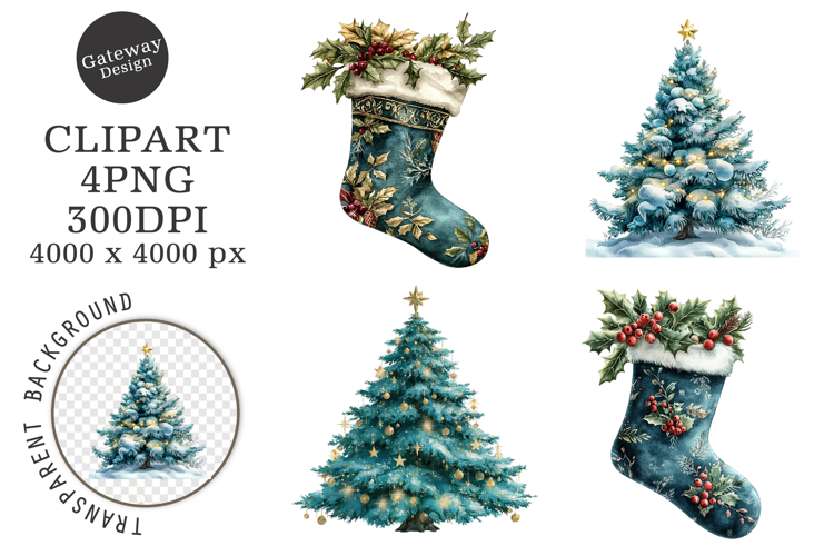 Watercolor Christmas Blue Clipart