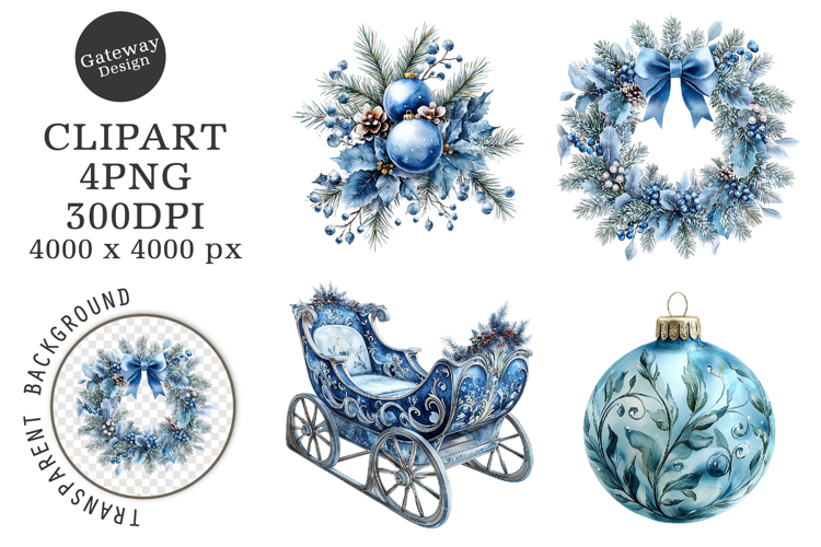 Watercolor Christmas Blue Clipart