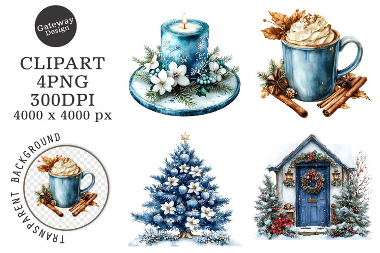 Watercolor Christmas Blue Clipart example image 1