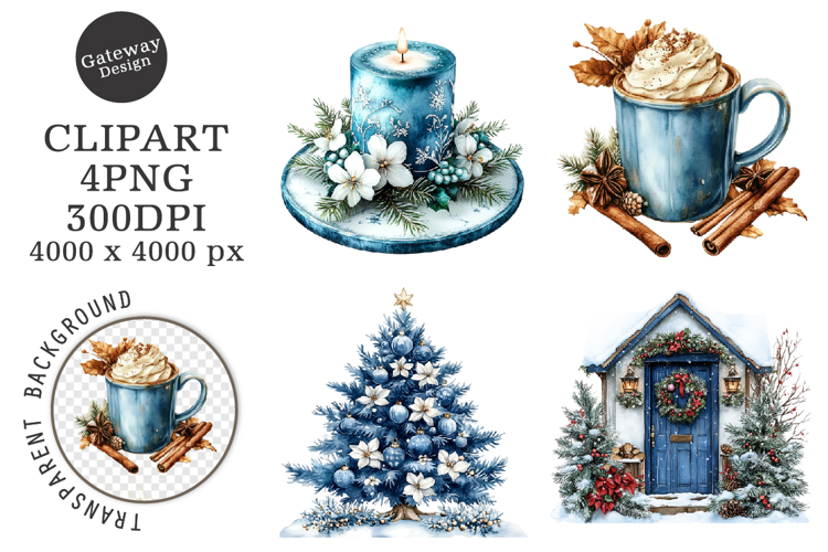 Watercolor Christmas Blue Clipart