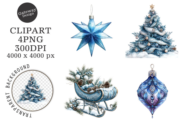 Watercolor Christmas Blue Clipart example image 1