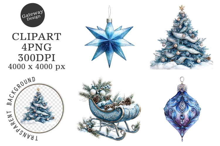 Watercolor Christmas Blue Clipart