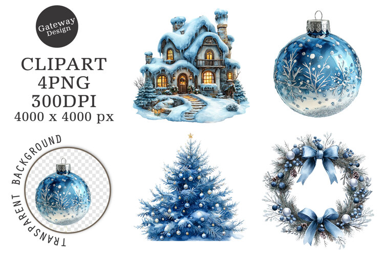 Watercolor Christmas Blue Clipart example image 1
