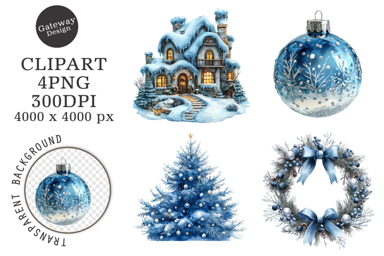 Watercolor Christmas Blue Clipart