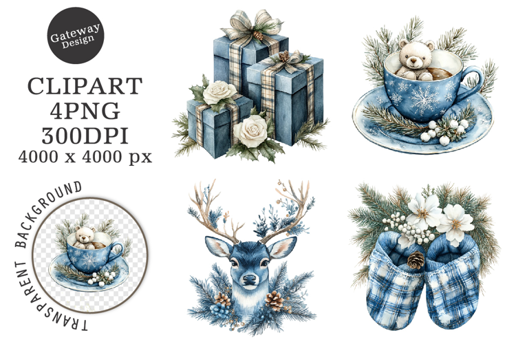 Watercolor Christmas Blue Clipart