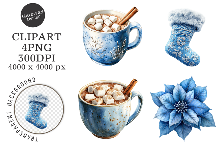 Watercolor Christmas Blue Clipart