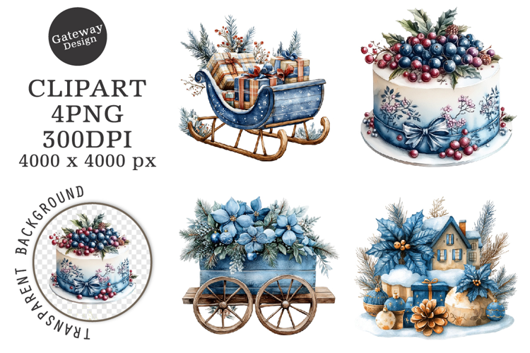Watercolor Christmas Blue Clipart