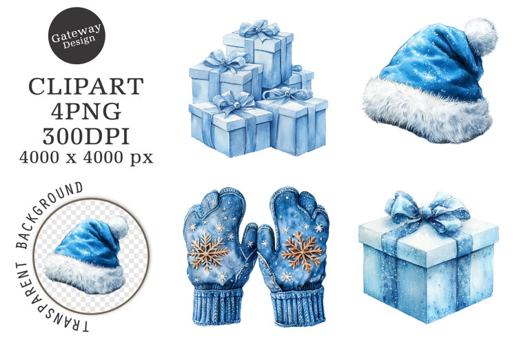 Watercolor Christmas Blue Clipart example image 1