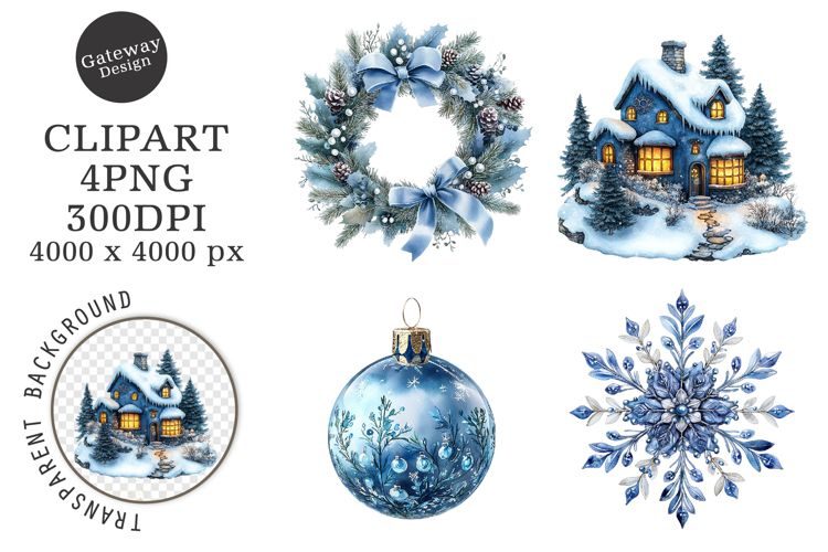 Watercolor Christmas Blue Clipart