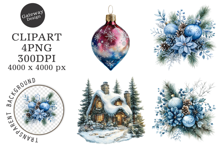 Watercolor Christmas Blue Clipart