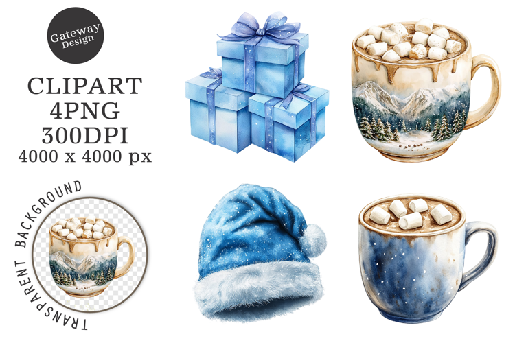 Watercolor Christmas Blue Clipart