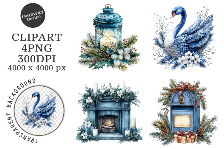 Watercolor Christmas Blue Clipart example image 1