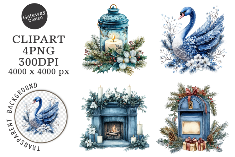 Watercolor Christmas Blue Clipart