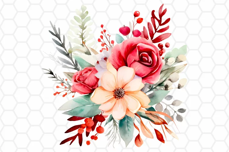 Watercolor Christmas Bouquet Clipart, Sublimation PNG