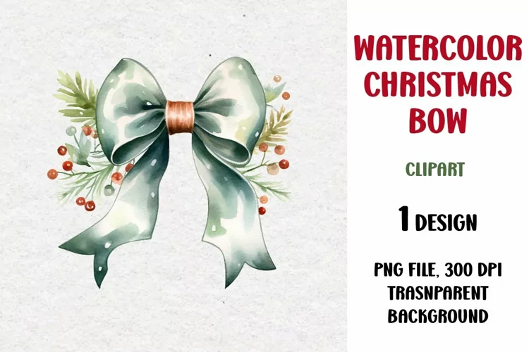 Watercolor Christmas Bow Clipart, Sublimation Design