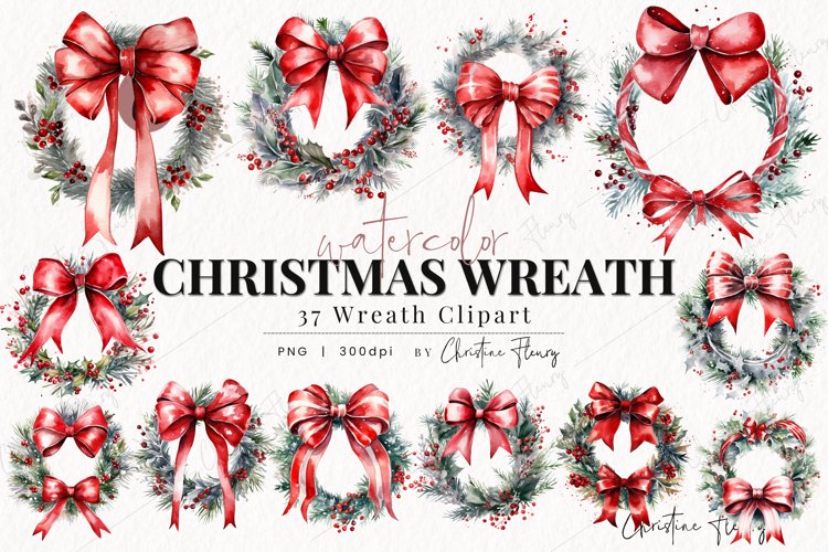 Watercolor Christmas Bow Wreaths Clipart example image 1