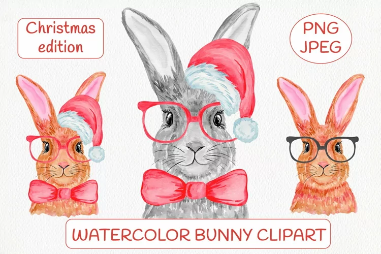 Watercolor Christmas Bunny Sublimation Design PNG - Clipart