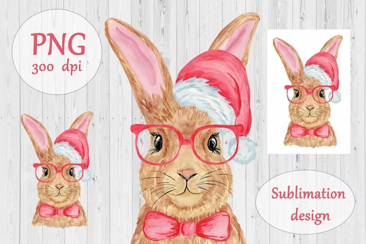 Watercolor Christmas Bunny Sublimation Design PNG