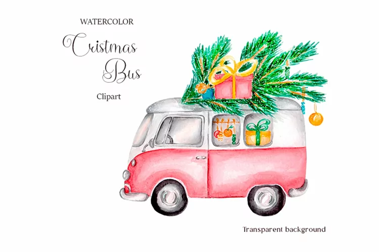 Watercolor Christmas Bus Illustration set