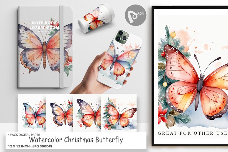 Digital Paper Watercolor Christmas Butterfly