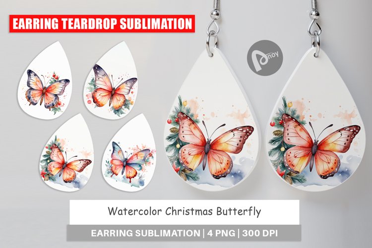 Earring Teardrop Watercolor Christmas Butterfly