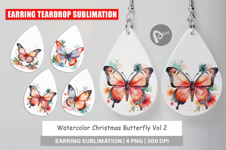 Earring Teardrop Watercolor Christmas Butterfly