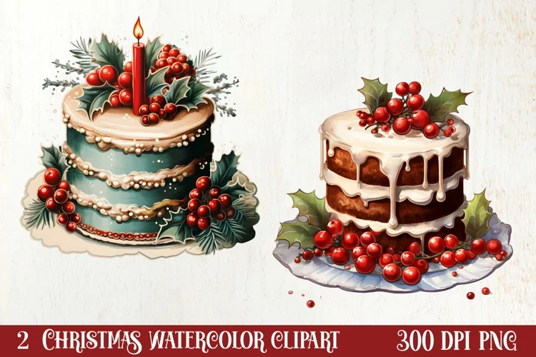 Watercolor Christmas Cakes Clipart, Christmas Clipart