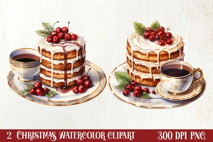 Watercolor Christmas Cakes Clipart, Christmas Clipart