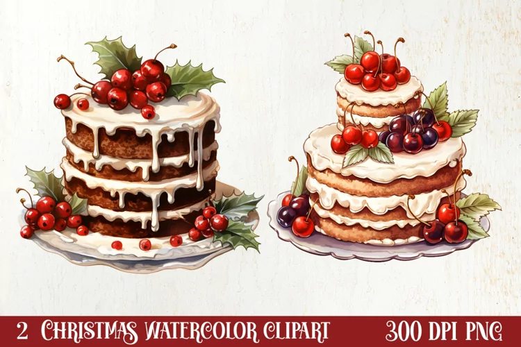 Watercolor Christmas Cakes Clipart, Christmas Clipart