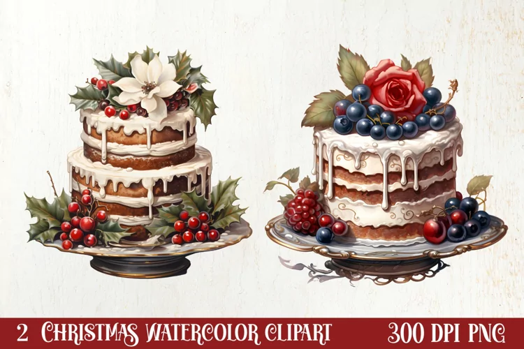 Watercolor Christmas Cakes Clipart, Christmas Clipart