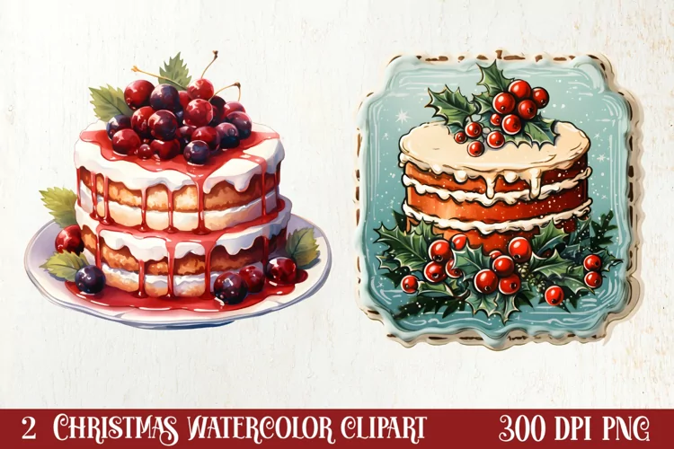 Watercolor Christmas Cakes Clipart, Christmas Clipart