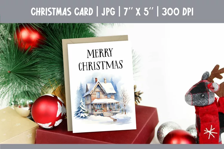 Merry Christmas Card Printable | Christmas Watercolor House