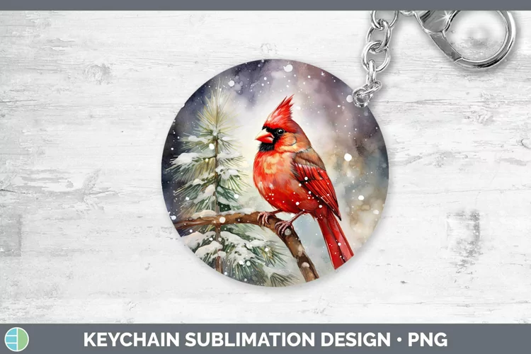 Watercolor Christmas Cardinal Keychain Sublimation Keyring D