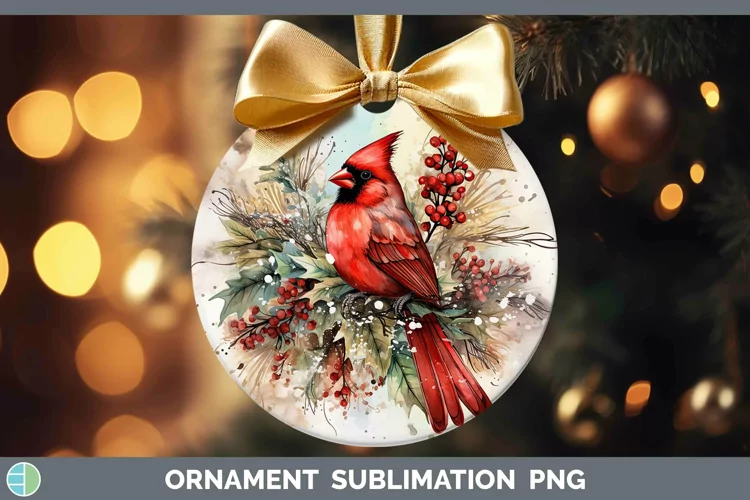 Watercolor Christmas Cardinal Ornament Sublimation Bauble De