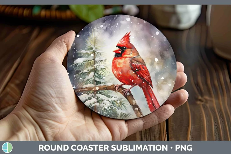 Watercolor Christmas Cardinal Round Coaster Sublimation Coas