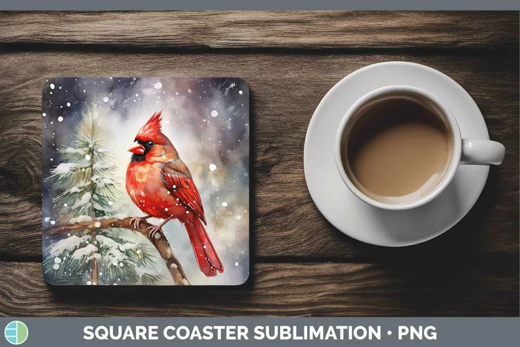 Watercolor Christmas Cardinal Square Coaster Sublimation Coa
