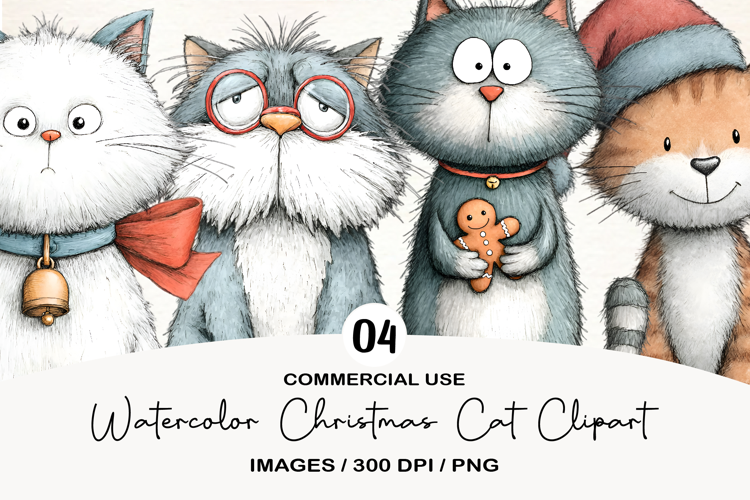 Watercolor Christmas Cat Clipart