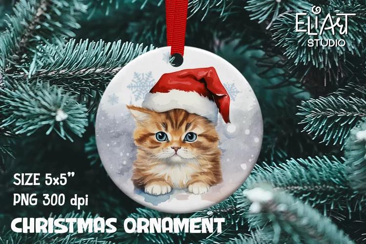 Watercolor Christmas Cat PNG | Christmas Ornament PNG Design