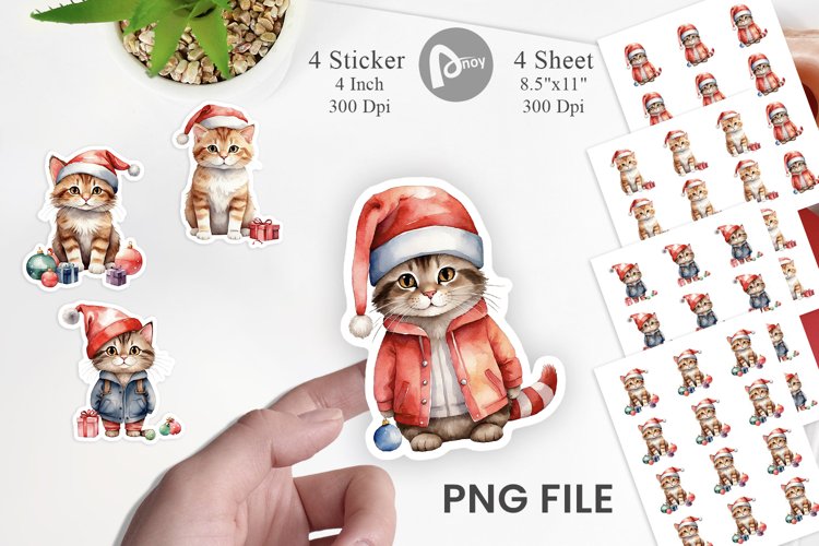 Sticker Watercolor Christmas Cat