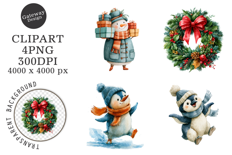 Watercolor Christmas Characters Clipart
