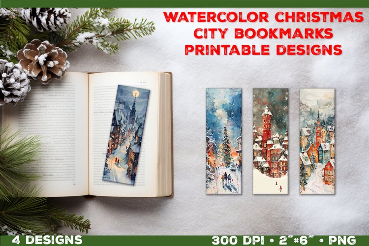 Whimsical Watercolor Christmas City Bookmarks Printable example image 1