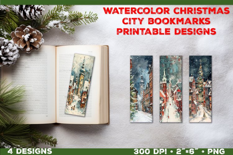 Whimsical Watercolor Christmas City Bookmarks Printable example image 1