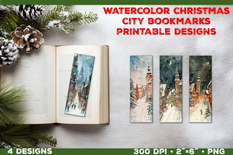 Whimsical Watercolor Christmas City Bookmarks Printable