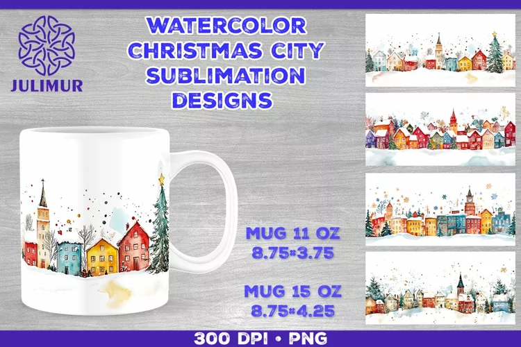 Watercolor Christmas City Mug Sublimation Design