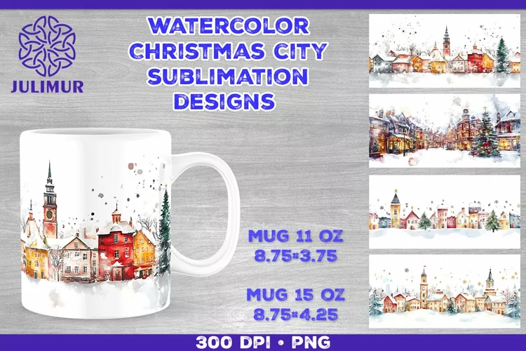 Watercolor Christmas City Mug Sublimation Design